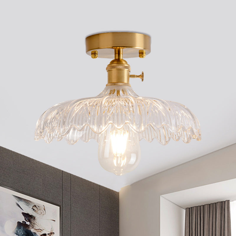 1 Light Ceiling Light with Dome/Barn/Flower Shade Amber/Clear Textured Glass Industrial Living Room Semi Flush in Brass