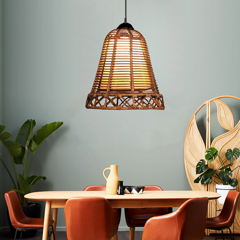 Rattan Bellform hängende hängende rustikale Stil 1 Kopf Beige Drop Light für Wohnzimmer Restaurant