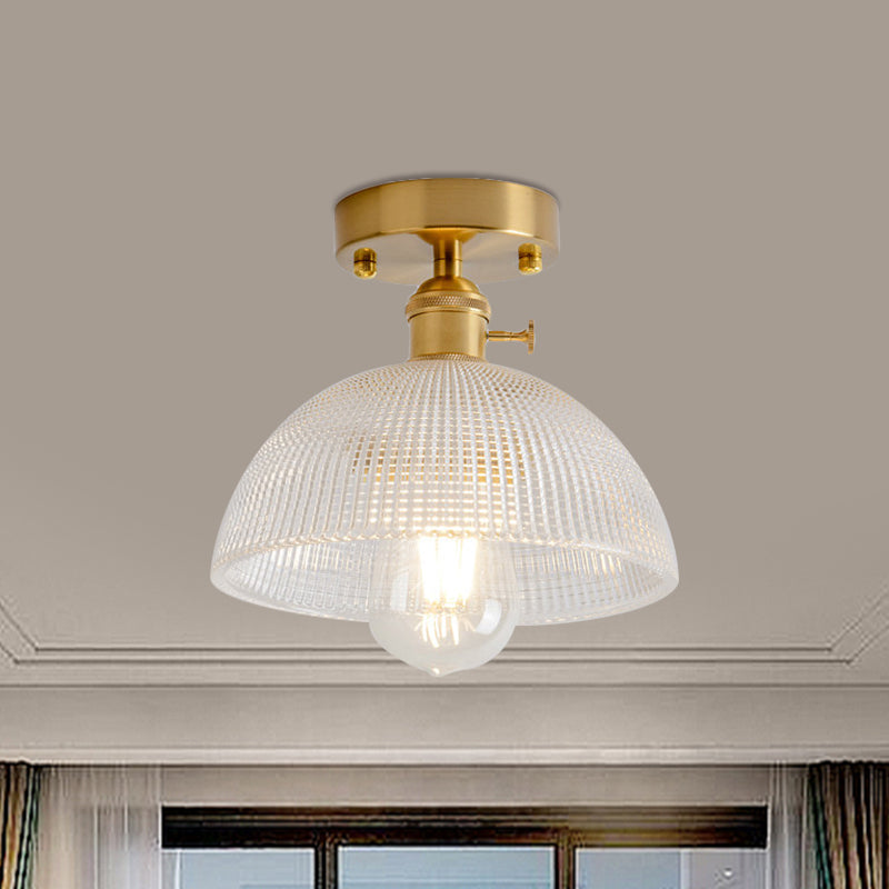 1 Light Ceiling Light with Dome/Barn/Flower Shade Amber/Clear Textured Glass Industrial Living Room Semi Flush in Brass