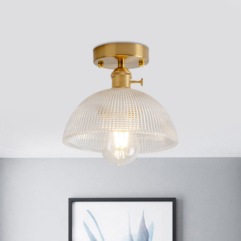 1 Light Ceiling Light with Dome/Barn/Flower Shade Amber/Clear Textured Glass Industrial Living Room Semi Flush in Brass