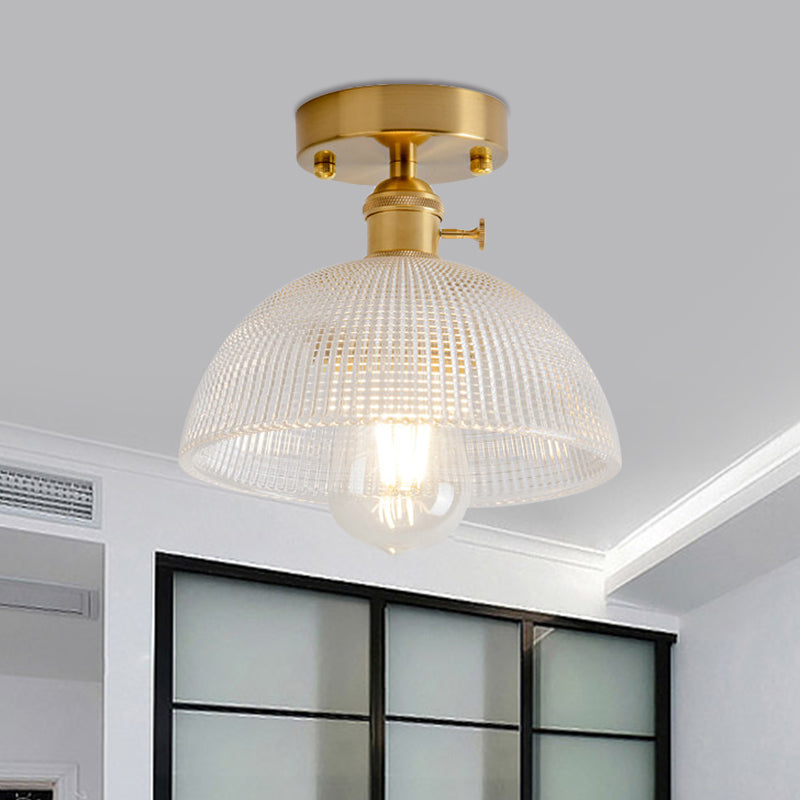 1 Light Ceiling Light with Dome/Barn/Flower Shade Amber/Clear Textured Glass Industrial Living Room Semi Flush in Brass