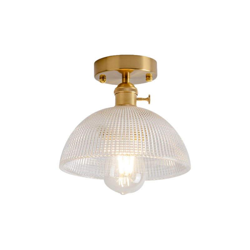 1 Light Ceiling Light with Dome/Barn/Flower Shade Amber/Clear Textured Glass Industrial Living Room Semi Flush in Brass