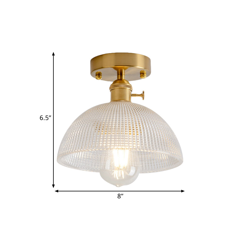 1 Light Ceiling Light with Dome/Barn/Flower Shade Amber/Clear Textured Glass Industrial Living Room Semi Flush in Brass