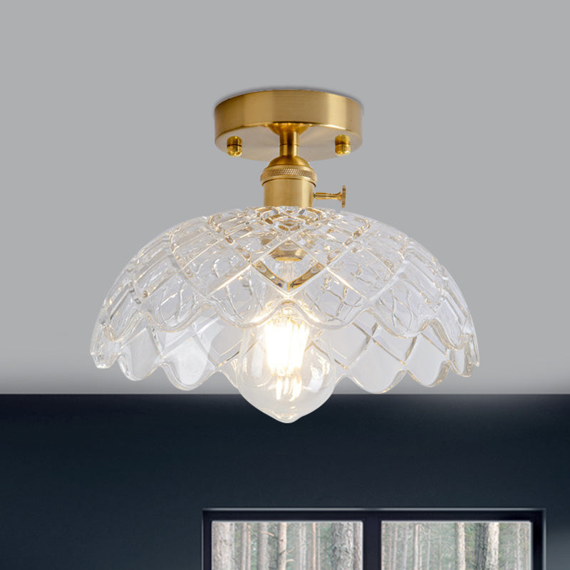 1 Light Ceiling Light with Dome/Barn/Flower Shade Amber/Clear Textured Glass Industrial Living Room Semi Flush in Brass