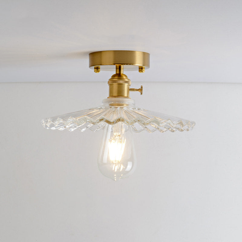 1 Light Ceiling Light with Dome/Barn/Flower Shade Amber/Clear Textured Glass Industrial Living Room Semi Flush in Brass