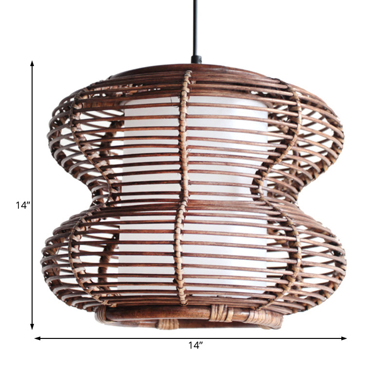 Gourde brune suspension de luminaire suspendu en bambou à style asiatique avec une nuance intérieure à cylindre pour le salon