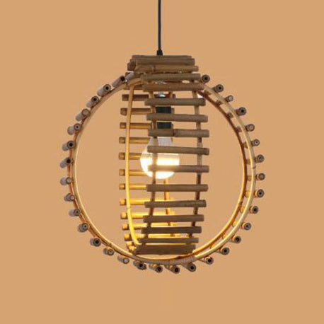 Rustic Double Rings Hanging Pendant Bamboo Stick Single Bulb Foyer Suspension Lamp in Beige