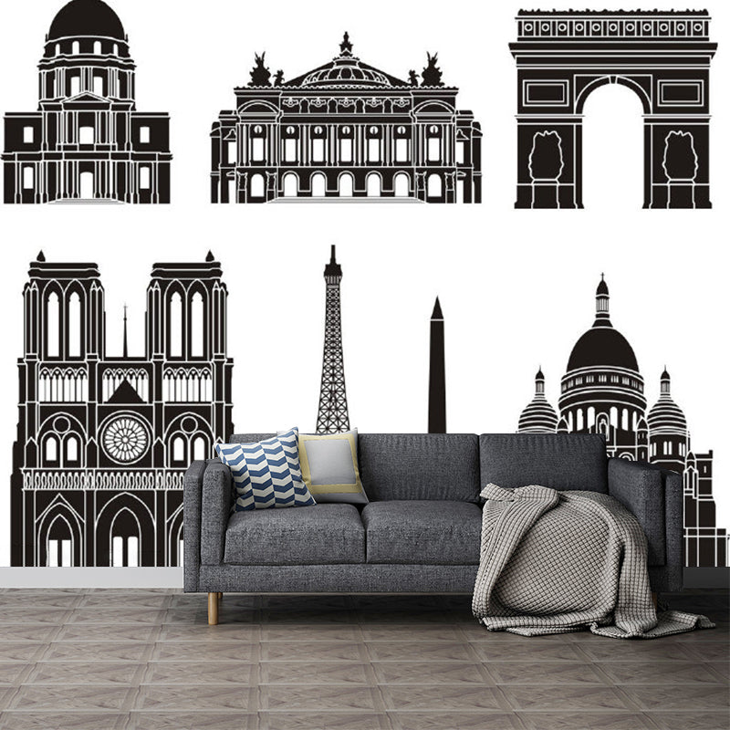 Fantasy Construction Landmark Murals Black and White Waterproof Wall Covering for Bedroom