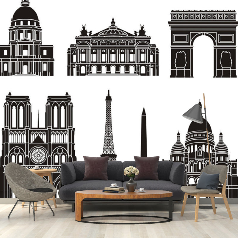 Fantasy Construction Landmark Murals Black and White Waterproof Wall Covering for Bedroom