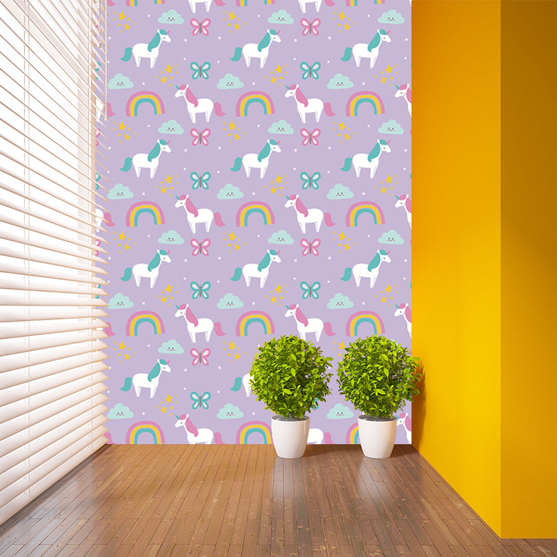 Cartoon Pony Printed Wallpaper Murals Purple-Green Stain Resistant Wall Art for Home