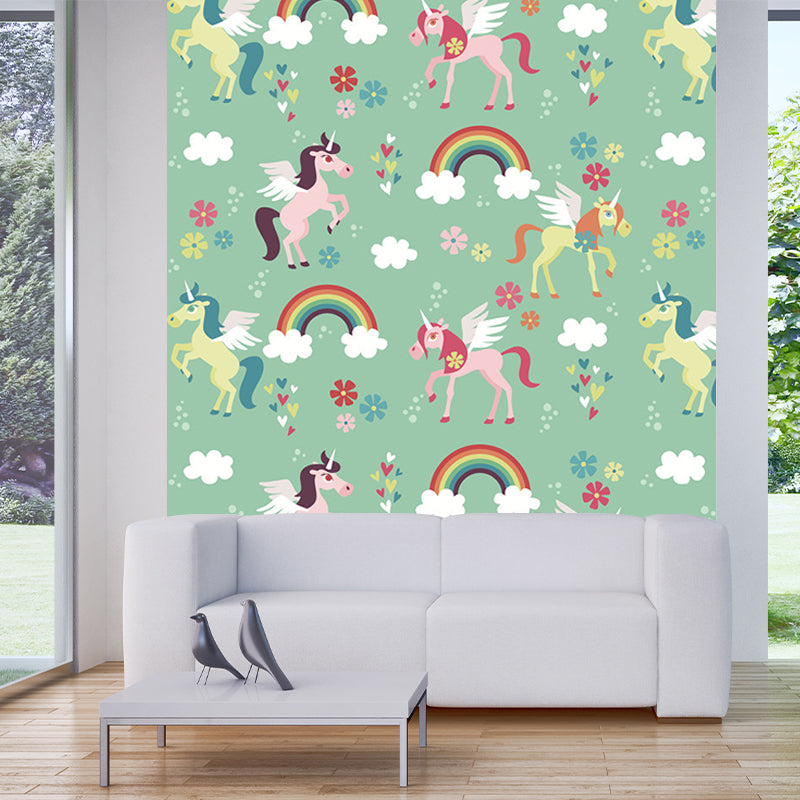 Green Cartoon Mural Wallpaper Whole Rainbow and Unicorn Pattern Wall Decor for Nursery