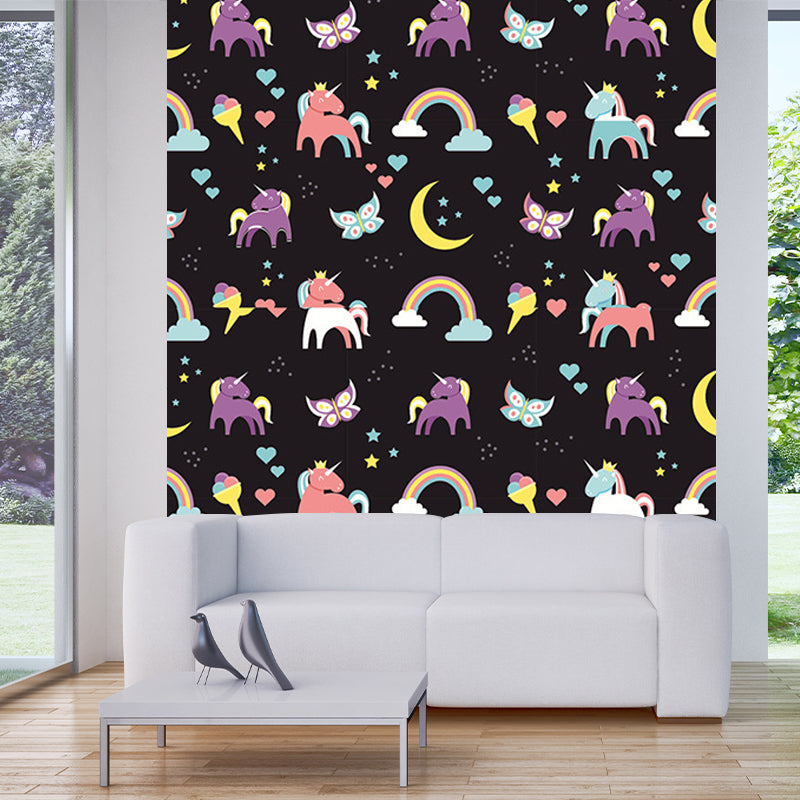 Customized Illustration Cartoon Murals with Unicorn and Moon Pattern in Black, Personalized Size