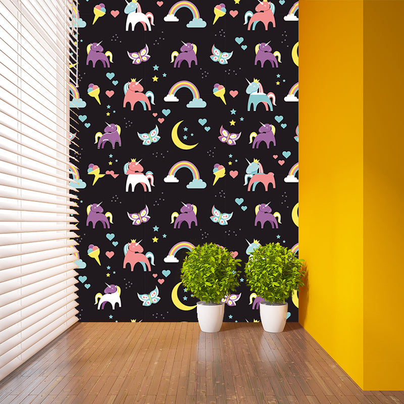 Customized Illustration Cartoon Murals with Unicorn and Moon Pattern in Black, Personalized Size