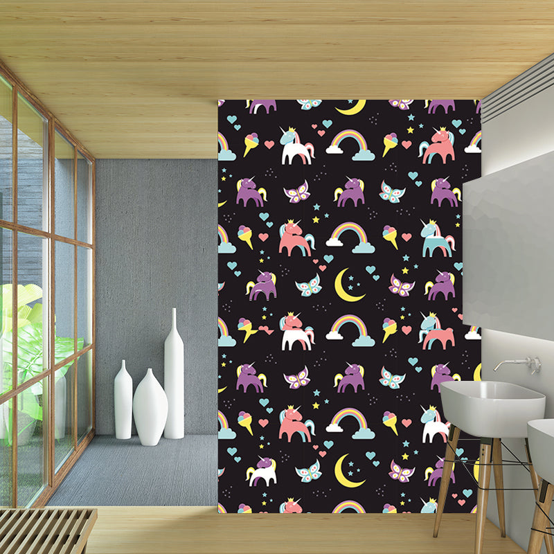 Customized Illustration Cartoon Murals with Unicorn and Moon Pattern in Black, Personalized Size