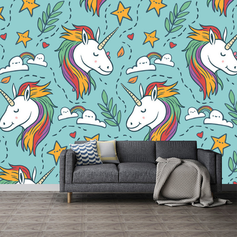 Childrens Art Unicorn Wall Murals for Kids Bedroom Customized Wall Covering in Aqua