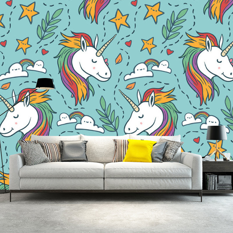 Childrens Art Unicorn Wall Murals for Kids Bedroom Customized Wall Covering in Aqua