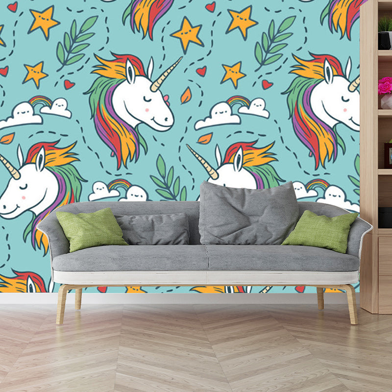 Childrens Art Unicorn Wall Murals for Kids Bedroom Customized Wall Covering in Aqua