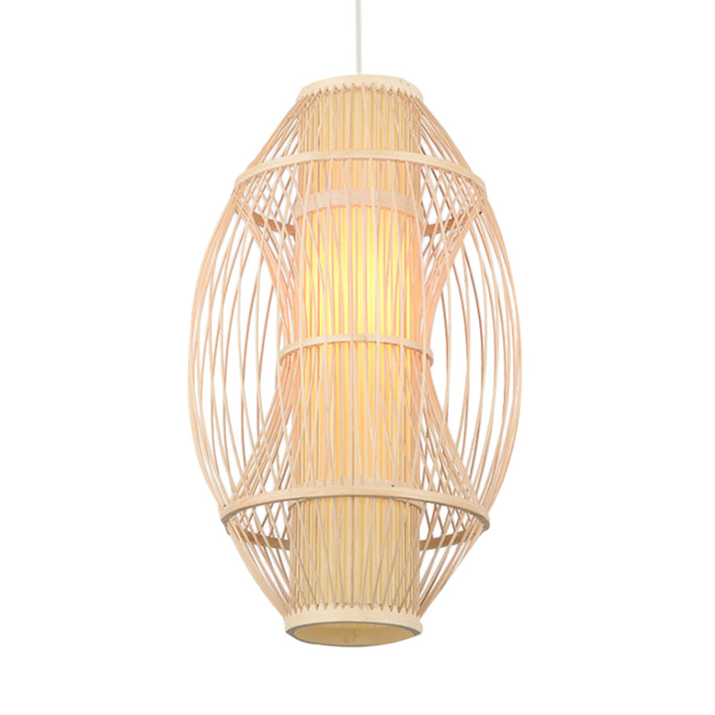 Beige Oblong Shade Hanging Pendant Light Contemporary 1 Head Bamboo Hanging Lamp for Kitchen