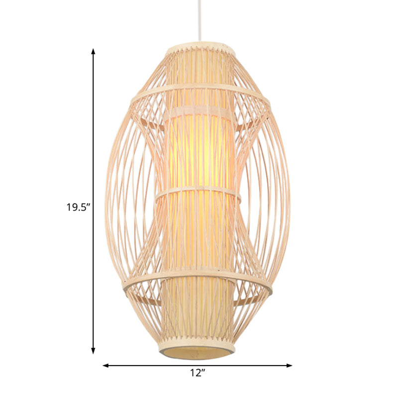 Beige Oblong Shade Hanging Pendant Light Contemporary 1 Head Bamboo Hanging Lamp for Kitchen