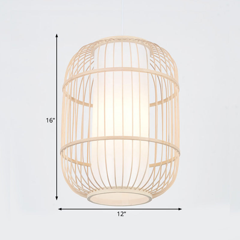 Lampade a sospensione del cilindro in stile asiatico Bamboo 1 Testa Soggiorno Aitura del soffitto in beige, 16 "/19.5" W