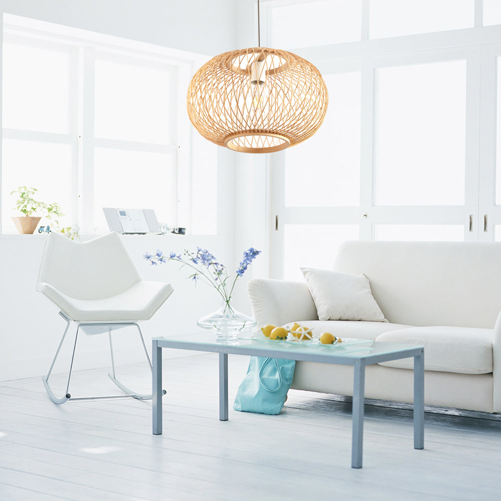 Bamboo Routed Drum Pendant Lighting Style asiatique 1 lampe suspendue à l'ampoule pour salon, 16 "/19,5" de large