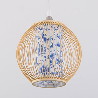 Bamboo globe plafonnier style chinois 1 lumière suspendue suspendue avec motif bleu et blanc en noir / bois