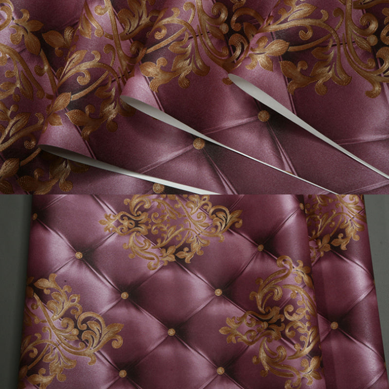 Damask Chesterfield Leather Wallpaper Vintage PVC Wall Covering in Purple and Red