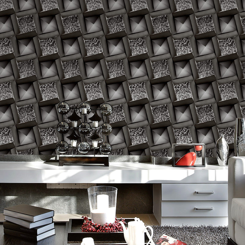 Squares Geometric Wallpaper Mid Century 3D Embossed Wall Art in Dark Color for Bedroom