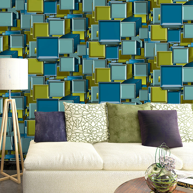 3D Layered Square Pattern Wallpaper Mid Century Stain Resistant Living Room Wall Art