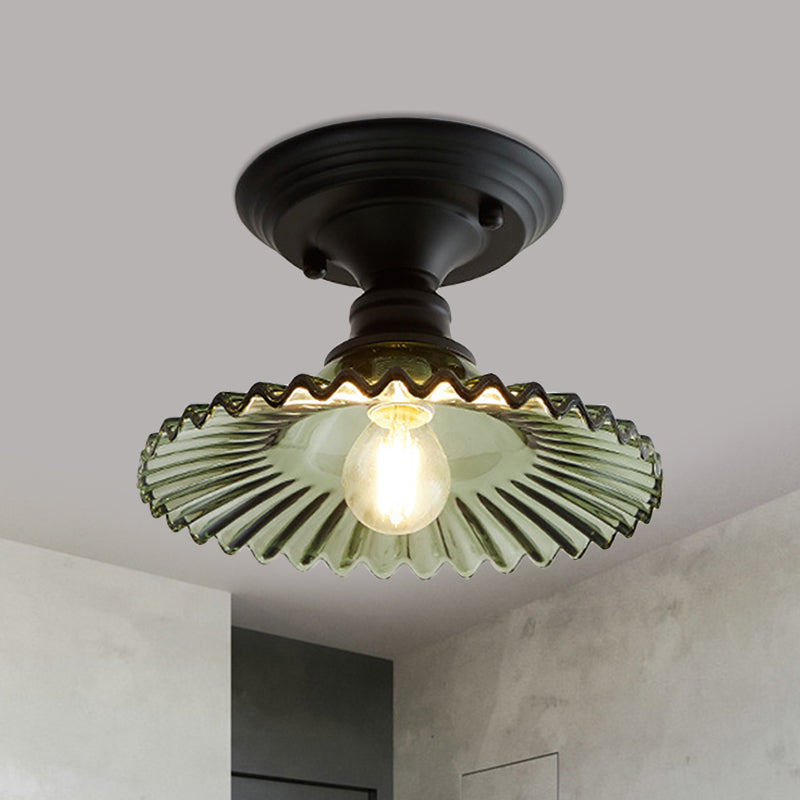 One Light Scalloped Semi Flush Light Industrial Clear/Green Ribbed Glass Lighting Fixture for Indoor