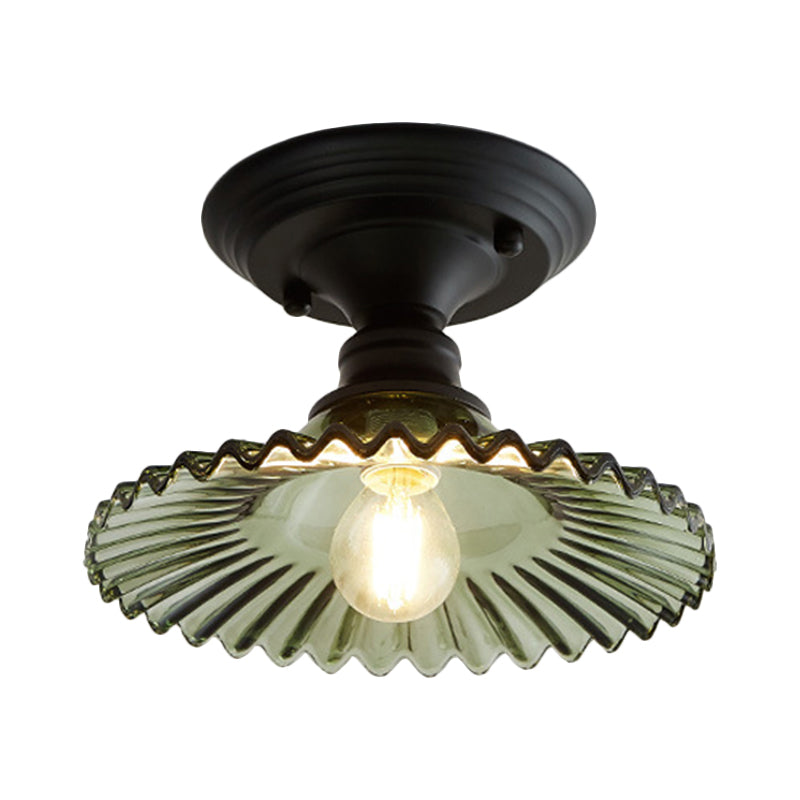 One Light Scalloped Semi Flush Light Industrial Clear/Green Ribbed Glass Lighting Fixture for Indoor