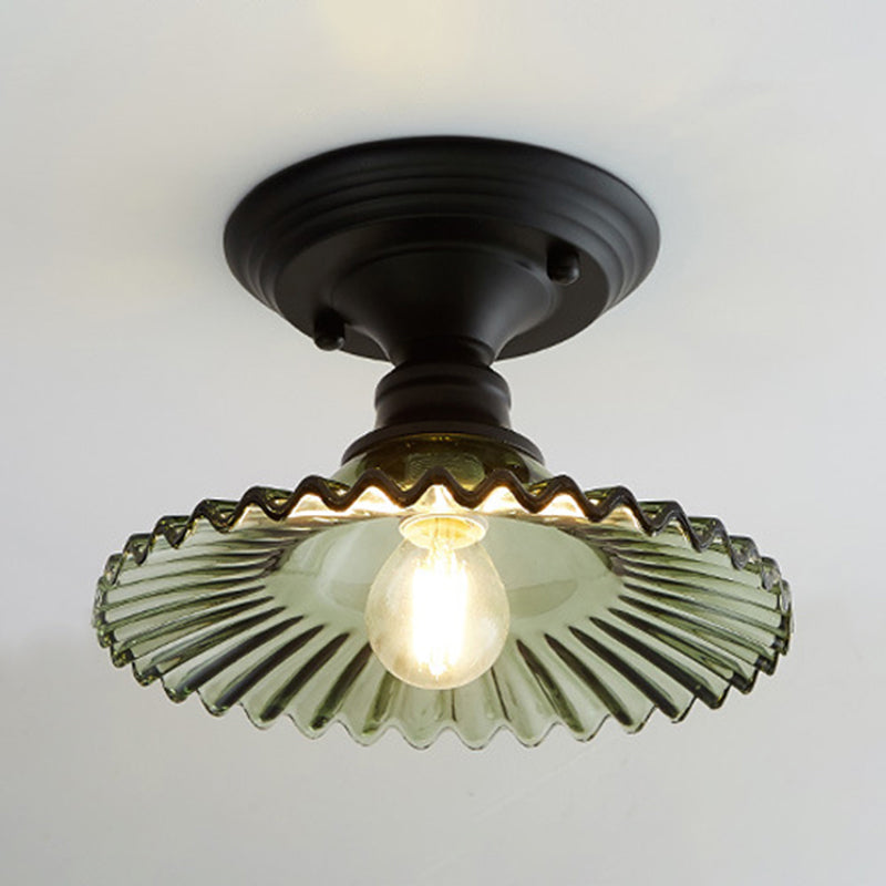 One Light Scalloped Semi Flush Light Industrial Clear/Green Ribbed Glass Lighting Fixture for Indoor