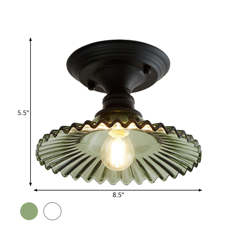 One Light Scalloped Semi Flush Light Industrial Clear/Green Ribbed Glass Lighting Fixture for Indoor