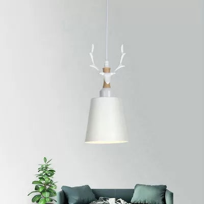 Macaron Style Bucket Hanging Light with Antlers 1 Light Metal Pendant Light for Balcony Foyer