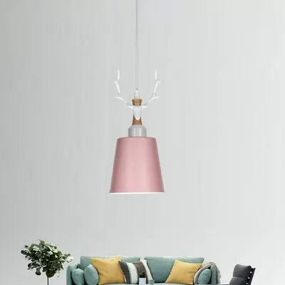 Macaron Style Bucket Hanging Light with Antlers 1 Light Metal Pendant Light for Balcony Foyer