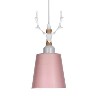 Macaron Style Bucket Hanging Light with Antlers 1 Light Metal Pendant Light for Balcony Foyer