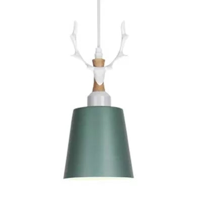 Macaron Style Bucket Hanging Light with Antlers 1 Light Metal Pendant Light for Balcony Foyer