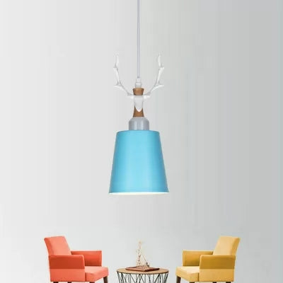 Macaron Style Bucket Hanging Light with Antlers 1 Light Metal Pendant Light for Balcony Foyer