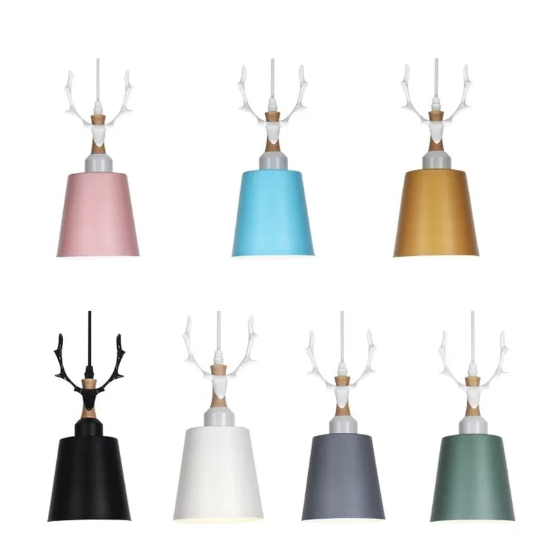 Macaron Style Bucket Hanging Light with Antlers 1 Light Metal Pendant Light for Balcony Foyer