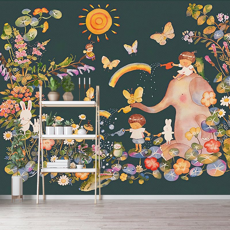 Wonderland Mural Wallpaper Pastel Color Childrens Art Wall Covering for Kindergarten