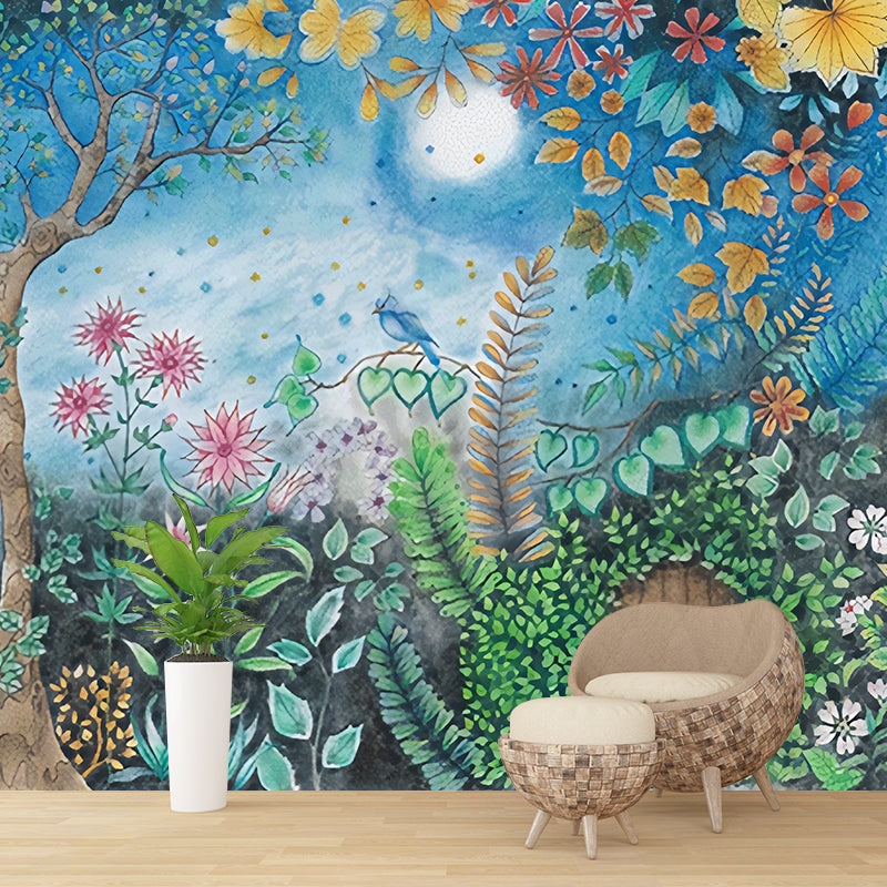 Moon Night Flower Bushes Mural Childrens Art Waterproof Kids Room Wall Covering, Custom-Printed