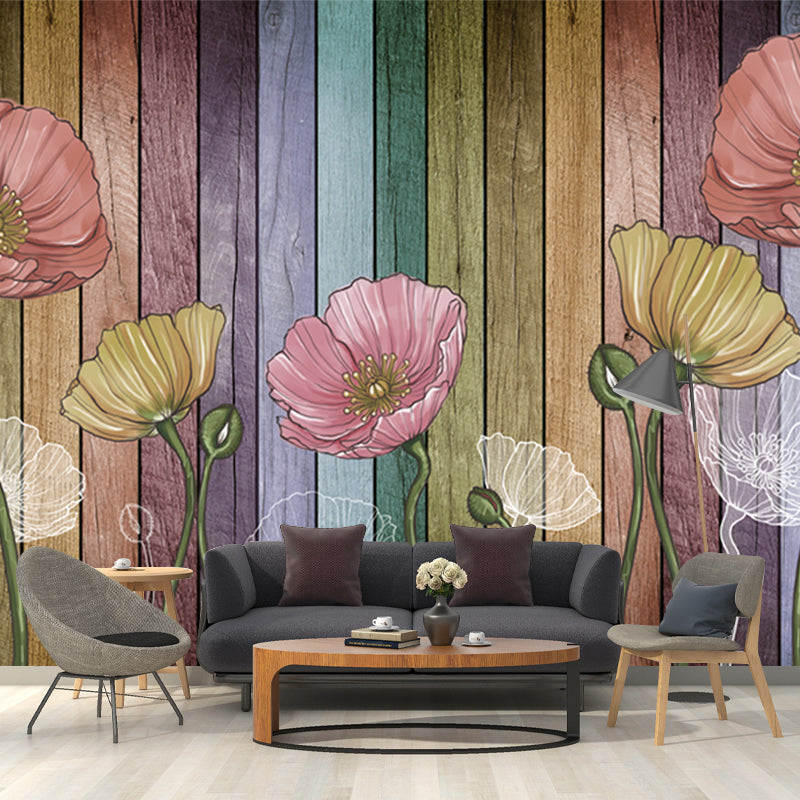 Magnolia and Wood Plank Murals Rural Moisture Resistant Bedroom Wall Art, Personalized Size