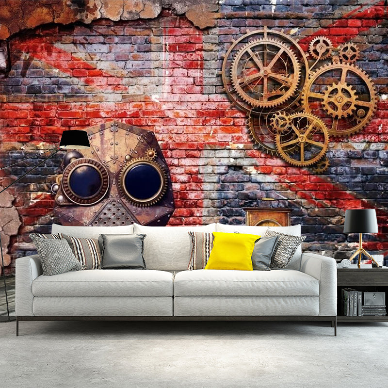 Cool Gear and Brick Murals Wallpaper for Bedroom, Grey and Red, Custom Size Available