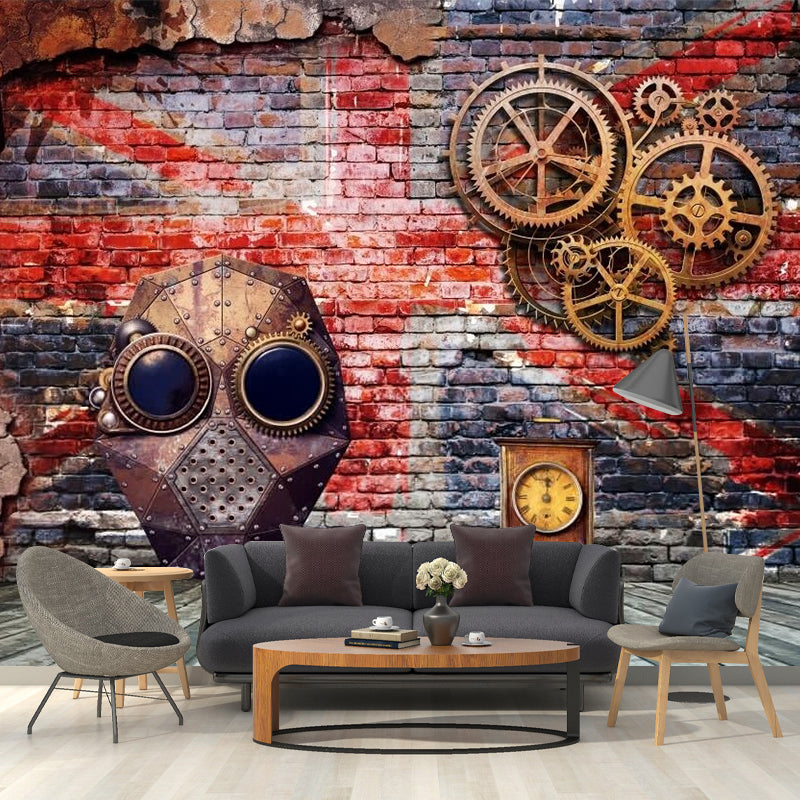 Cool Gear and Brick Murals Wallpaper for Bedroom, Grey and Red, Custom Size Available