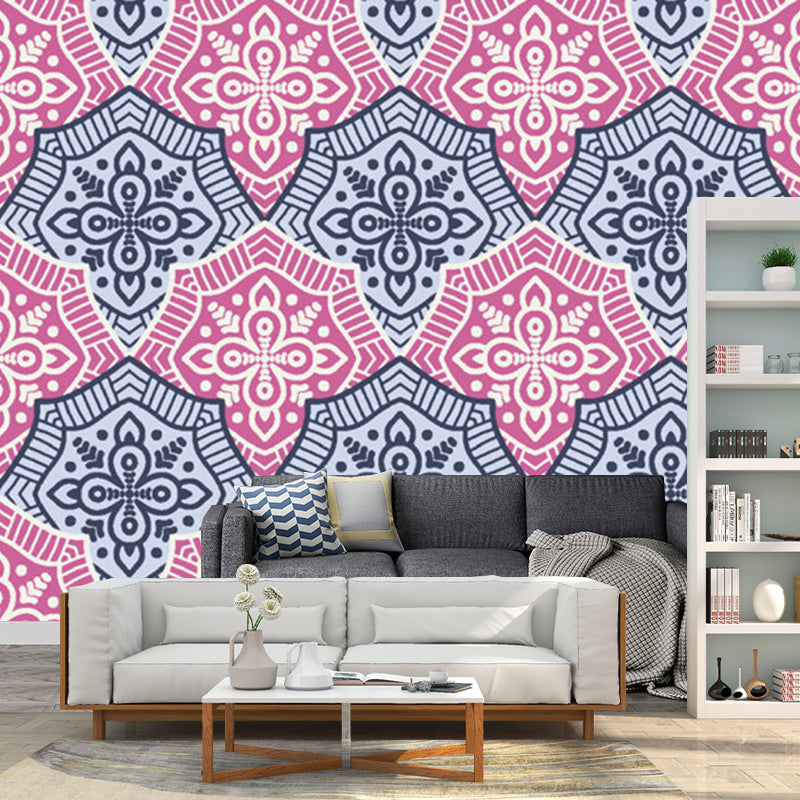 Pink-Blue Floral Wallpaper Murals Stain Resistant Boho-Chic Living Room Wall Art