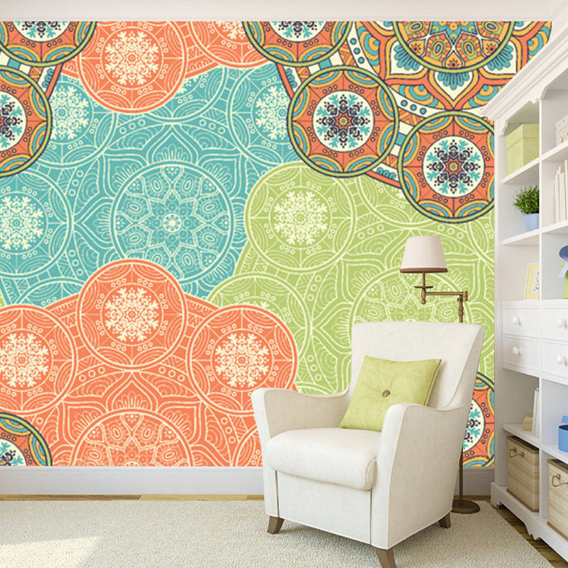 Bohemian Sunflower Wall Paper Mural Orange-Blue Abstract Wall Covering for Living Room