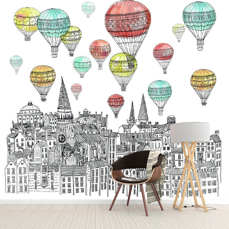 Childrens Art Castle Wall Murals Red-Yellow-Green Hot Air Balloon Wall Decor for Kids Room