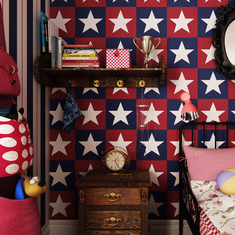 Novelty Kids Peel Stick Wallpaper with Star Pattern Red-Blue Wall Covering, Easy to Remove