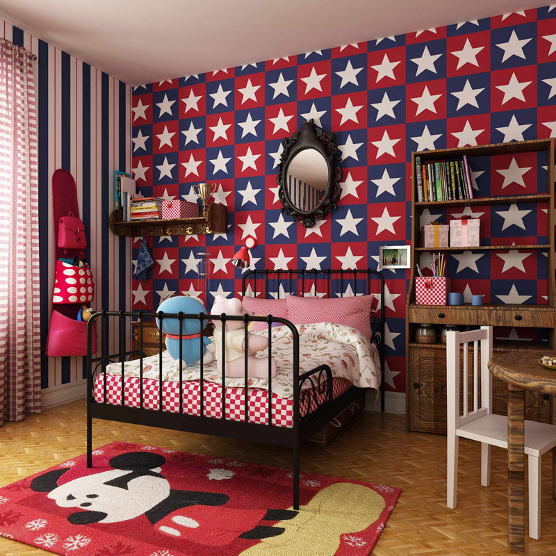 Novelty Kids Peel Stick Wallpaper with Star Pattern Red-Blue Wall Covering, Easy to Remove