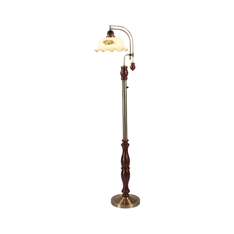 Cream Glass Floral Shade Stand Up Lamp Traditional Style 1 Bulb Guest Room Floor Light with Wood Base in Brown